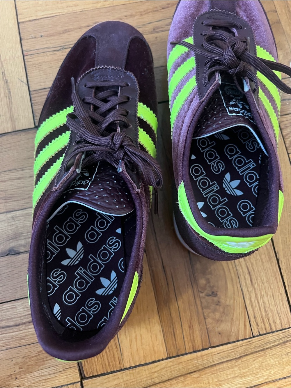 adidas Women’s Velvet SL-72 Sneaker in Burgundy with Neon Yellow Stripes - Picture 5 of 9